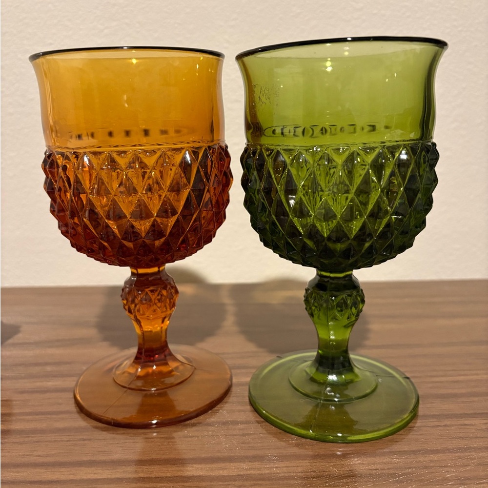 Amber Olive Green Diamond Point Glass Goblets Set Of 2 Vintage Stemmed Drinkware